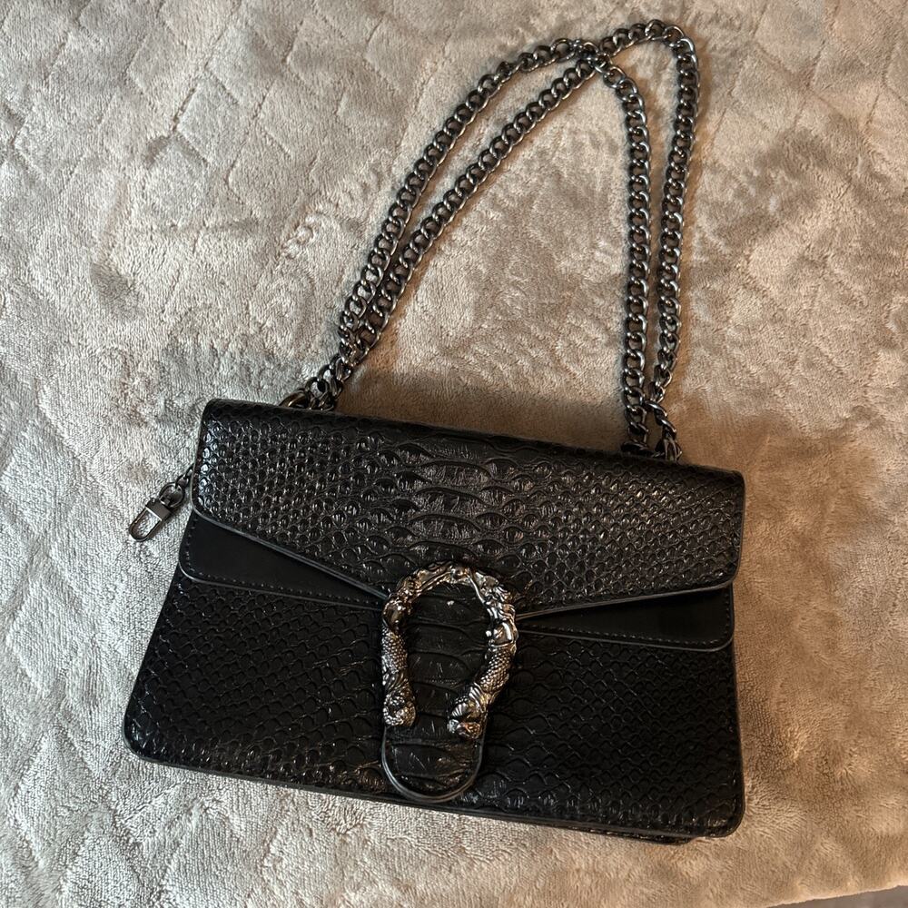 Faux Black Python Snake Skin Metal Clasp Crossbody Bag